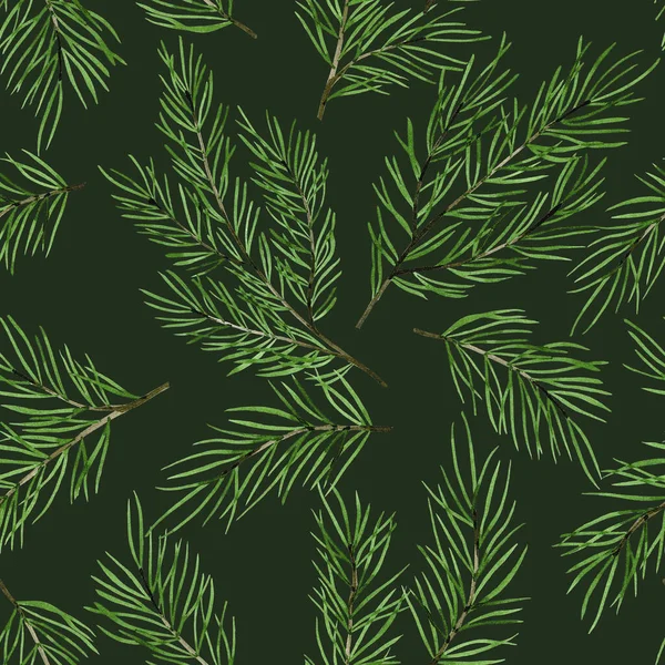 Watercolor Drawing Seamless Pattern Fir Branches Dark Background Christmas New — Stock Photo, Image