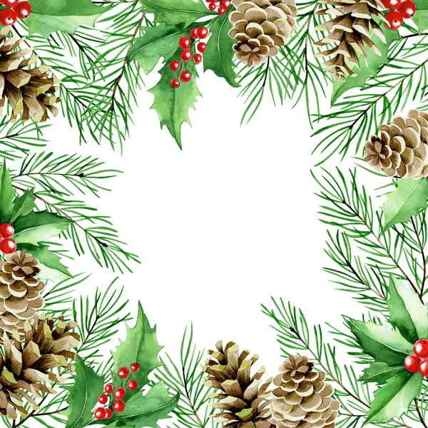 Aquarela Desenho Natal Quadro Quadrado Com Ramos Abeto Cones Quadris — Fotografia de Stock