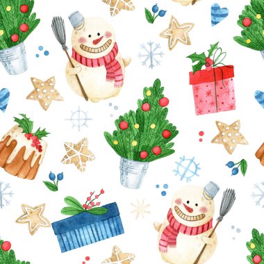 Yeni yıl için suluboya kusursuz desen. Sevimli çizimler, hediyeler, kar taneleri, beyaz arka planda Noel oyuncakları.