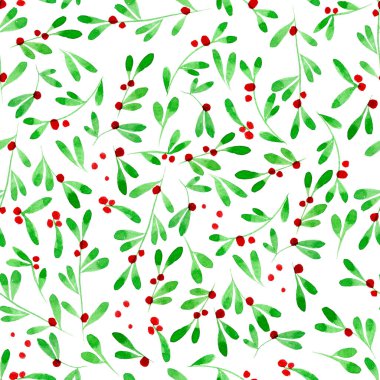 Yeni yıl için basit bir suluboya deseni. Beyaz arkaplanda yeşil yapraklar ve böğürtlenler.