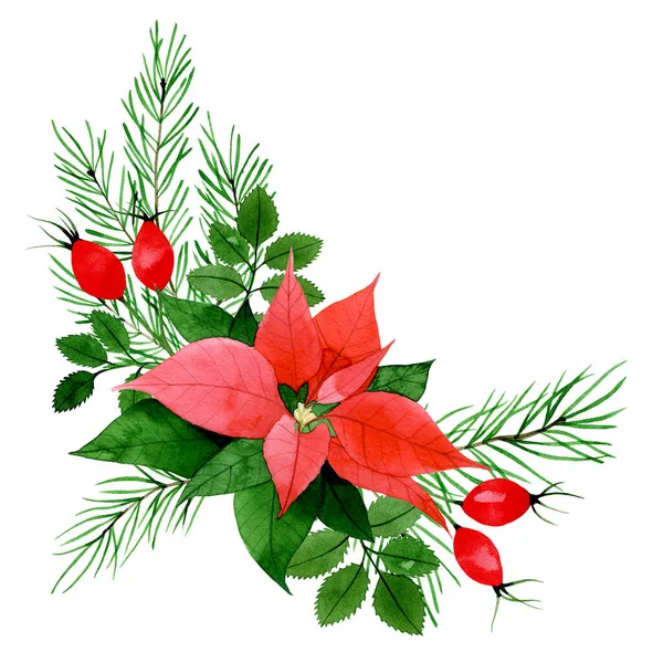 Desenho Aquarela Composição Natal Buquê Com Poinzeta Folhas Rosa Mosqueta — Fotografia de Stock