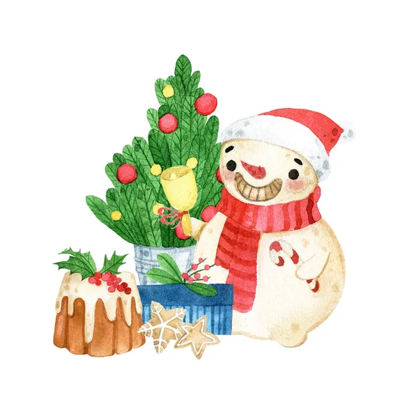 Dibujo Acuarela Navidad Composición Muñeco Nieve Regalos Navidad Árbol Navidad — Foto de Stock