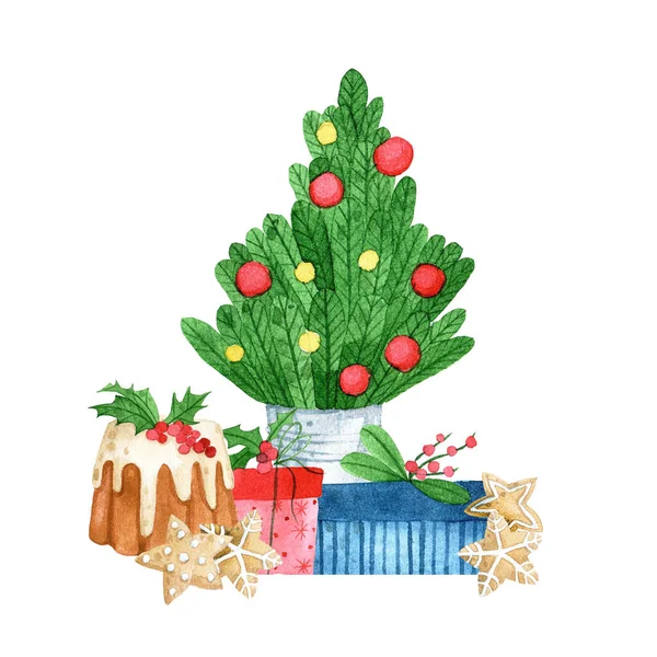 Aquarel Tekening Stijl Van Cartoon Kerstcompositie Kerstboom Kerstcadeaus Wenskaart — Stockfoto