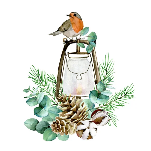 Desenho Aquarela Composição Natal Com Pássaro Inverno Lanterna Vintage Flores — Fotografia de Stock