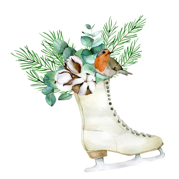 Aquarellzeichnung Weihnachtskomposition Mit Wintervogel Vintage Schlittschuhen Baumwollblumen Eukalyptusblättern Tannenzweigen Und — Stockfoto