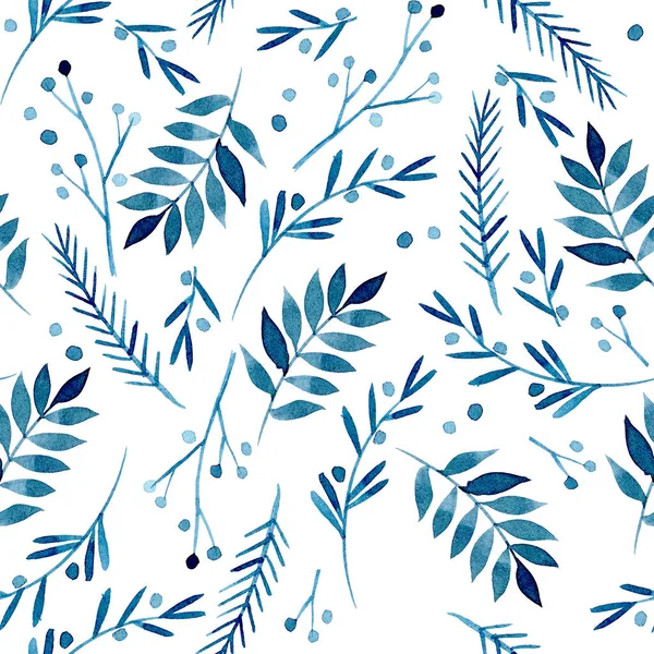 Akvarel Bezešvný Vzor Zimními Motivy Modré Větve Listy Jednoduchý Tisk — Stock fotografie