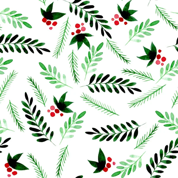 Simple Watercolor Pattern Christmas New Year Cute Green Leaves Berries — Stock Photo, Image