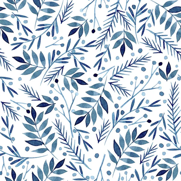 Bezszwowy Wzór Akwareli Niebieską Ozdobą Botaniczną Zimowy Nadruk Świąteczny Abstrakcyjnymi — Zdjęcie stockowe