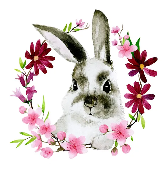 Suluboya çizim. Bahar çiçeklerinden bir çelenk ve Paskalya tavşanı. Pembe kiraz çiçekleri, sakura ve sevimli tavşan. İlkbaharın sembolü, Paskalya