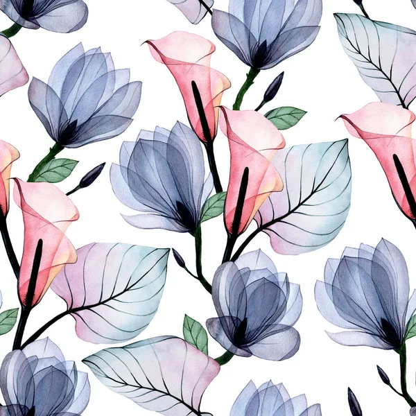 watercolor seamless pattern with transparent tropical flowers and leaves of kala and magnolia. a delicate, delicate print in pastel dusty pinks and blues or a white background.