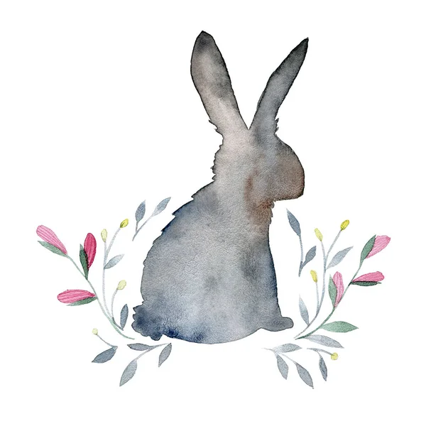 Watercolor Drawing Hare Rabbit Spring Flowers Leaves Silhouette Easter Bunny — Stock Photo, Image