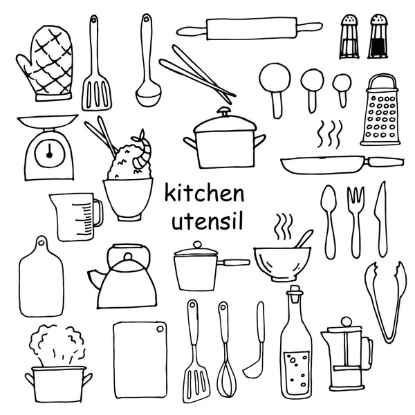Векторний Малюнок Стилі Каракулі Набір Елементів Кухонного Посуду Домашнє Життя — стоковий вектор