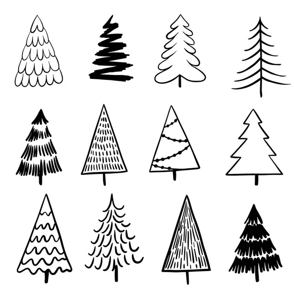 Vector Drawing Style Doodle Set Christmas New Year Trees Cute — Stock Vector