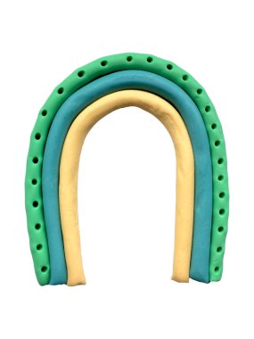 Plastiksi 3D çizim. Boho gökkuşağı. Gökkuşağı ve plastik kalpli şirin bir resim, pastel renkler, çocuklar için dekorasyon