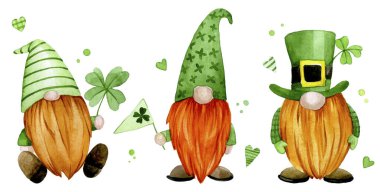Suluboya çizim. Aziz Patrick gününe ayarlandı. Şirin cüceler, yeşil elbiseli cüceler ve dört yapraklı yoncalar. clipart karakterleri.