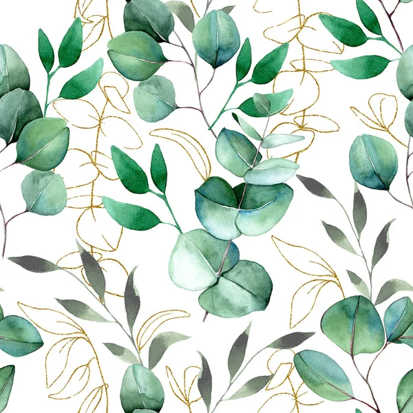 Watercolor Seamless Pattern Tropical Green Leaves Golden Eucalyptus Leaves White — Zdjęcie stockowe