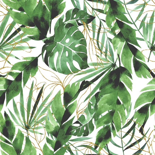 Akvarel Bezešvný Vzor Tropickými Listy Zlatými Prvky Zelené Zlaté Listy — Stock fotografie
