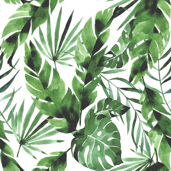 Безшовний Акварельний Візерунок Тропічним Зеленим Листям Білому Тлі Листя Пальми — стокове фото