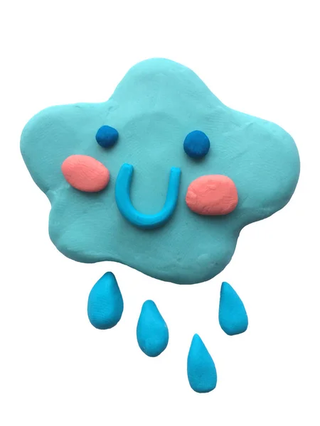 Plasticine Illustratie Schattig Blauw Wolkje Met Een Glimlach Regen Foto — Stockfoto