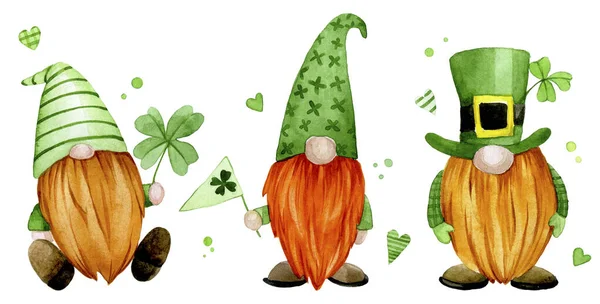 Suluboya çizim. Aziz Patrick gününe ayarlandı. Şirin cüceler, yeşil elbiseli cüceler ve dört yapraklı yoncalar. clipart karakterleri.