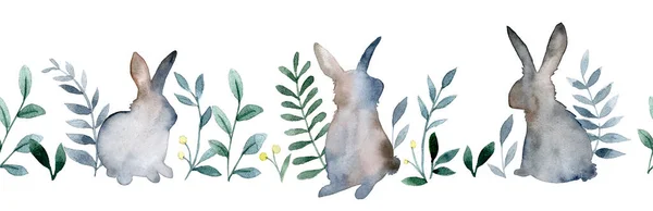 Watercolor Drawing Seamless Border Easter Hares Plants Print Theme Spring — Fotografia de Stock