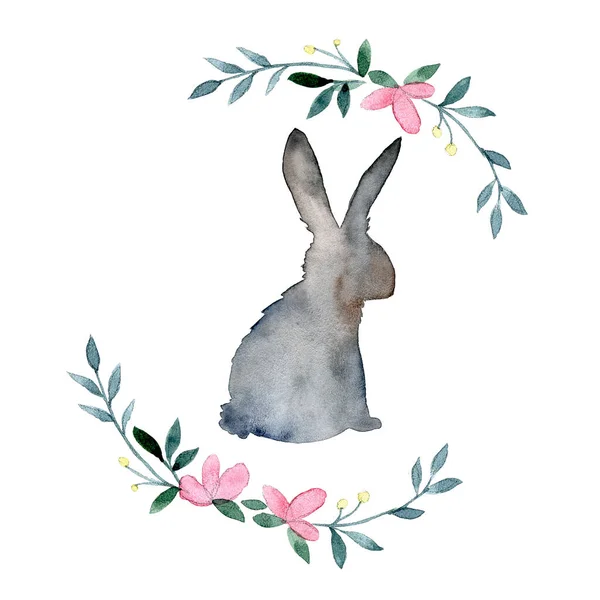 Watercolor Drawing Easter Bunny Wreath Spring Flowers Cute Easter Bunny — Stock Photo, Image