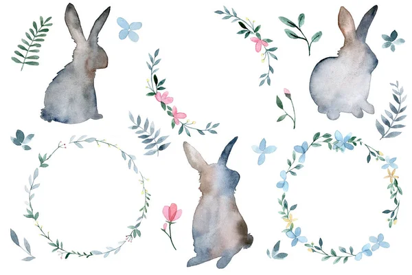 Watercolor Drawing Set Elements Theme Easter Spring Hares Rabbits Wreaths — Fotografia de Stock