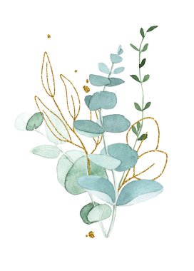 Suluboya çizim. Buket, okaliptüs yapraklarının bileşimi. yeşil ve altın renkli tropikal yapraklar