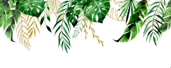 Watercolor Drawing Seamless Border Frame Tropical Leaves Gold Green Leaves — 스톡 사진