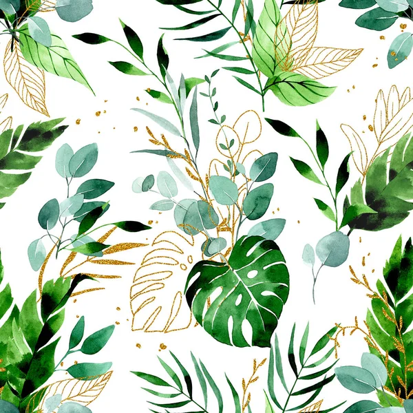 Watercolor Drawing Seamless Pattern Tropical Leaves Palm Monstera Banana Eucalyptus — Stock fotografie