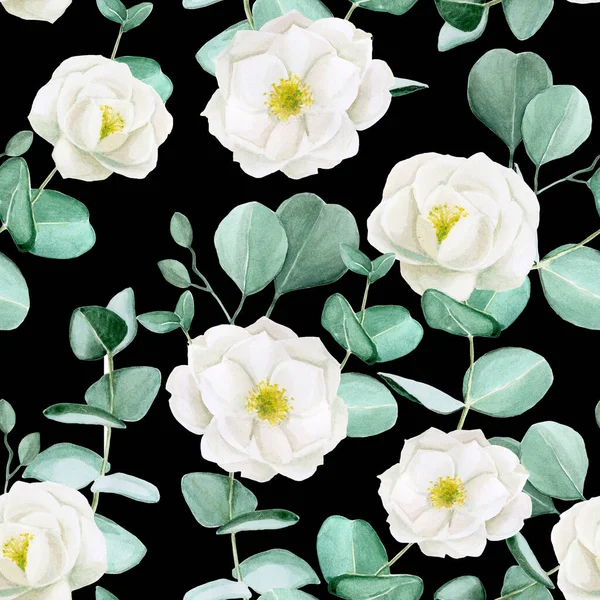 Watercolor Seamless Pattern Eucalyptus Leaves Rose Hips Peony Flowers Dark — Zdjęcie stockowe