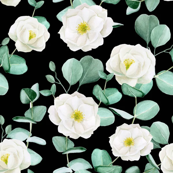 watercolor seamless pattern with eucalyptus leaves and rose hips, peony flowers on a dark background. white rose flowers and green eucalyptus leaves on black background