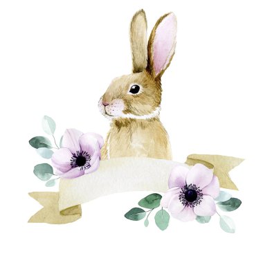 watercolor drawing. cute easter bunny with flowers. decoration for greeting card Easter bunny with spring flowers, place for text