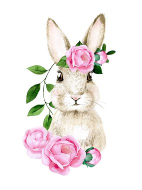 watercolor drawing. easter bunny. cute portrait of a hare, rabbit with pink rose flowers, peony on a white background. decoration for Easter, greeting card.