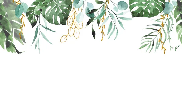 Watercolor Drawing Seamless Border Tropical Leaf Banner Golden Shining Elements — Stockfoto