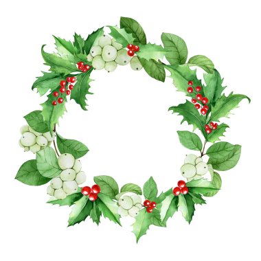 Suluboya, kutsal yapraklardan, böğürtlenlerden ve karmersinlerden oluşan Noel çelengi çiziyor. Beyaz arka plan çelenginde izole edilmiş, yapraklardan ve meyvelerden çerçevelenmiş. Noel tatili, yeni yıl.