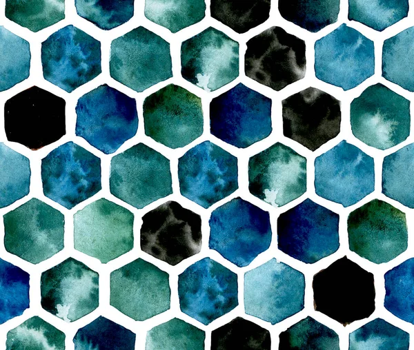 Padrão Aquarela Abstrata Com Favos Mel Coloridos Hexágonos Azul Verde — Fotografia de Stock