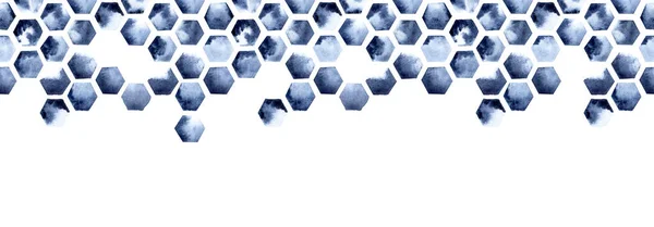 水彩画はシームレスな境界 六角形のタイルパターン 蜂の巣藍は白を基調とした青 抽象的なプリントとペイントスポット — ストック写真