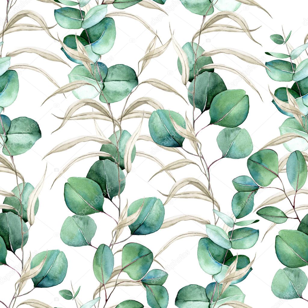 watercolor seamless pattern with eucalyptus leaves and dry herbs on a white background. autumn print green leaves and branches of eucalyptus and dry herbs.