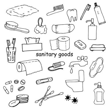 Karalama tarzında vektör çizimleri. Hijyen, temizlik, temizlik, vücut bakımı. Pamuklu bez, tuvalet kağıdı, ped, tampon, sabun ve diğer ev eşyaları.
