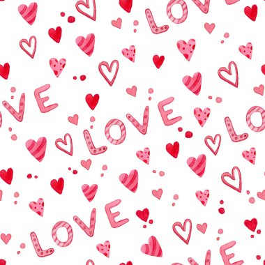 Suluboya çizim. Sevgi dolu pembe kalpleri ve sözleri olan kusursuz bir düzen. Sevgililer Günü temasına bas, aşkım. beyaz arkaplanda pembe elementler