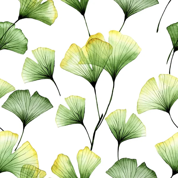 水彩无缝图案与热带银杏叶 透明的银杏树叶子 在白色背景上隔离 精美的植物学印刷品 — 图库照片