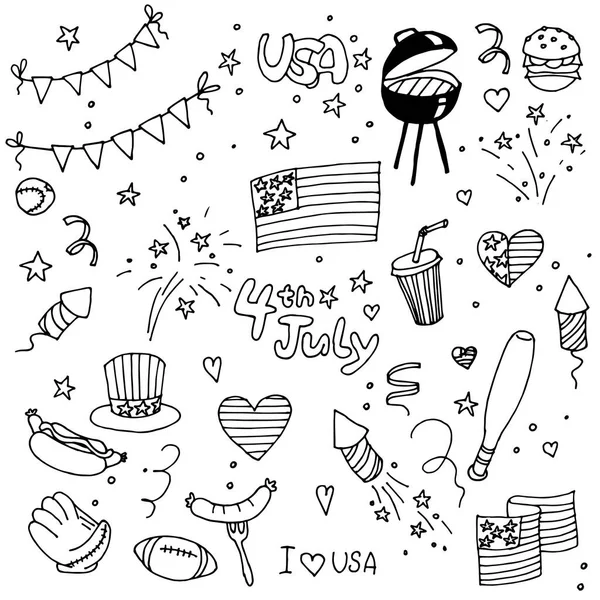 Dibujo Vectorial Estilo Doodle Conjunto Elementos Para Día Independencia América — Vector de stock
