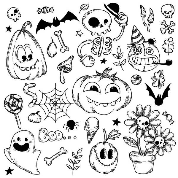 Desenho Vetorial Conjunto Ilustrações Sobre Tema Halloween Estilo Desenhos Animados —  Vetores de Stock