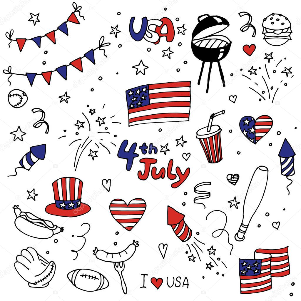 vector drawing in doodle style. set for america independence day holiday. cute set of 4th of july color illustrations.