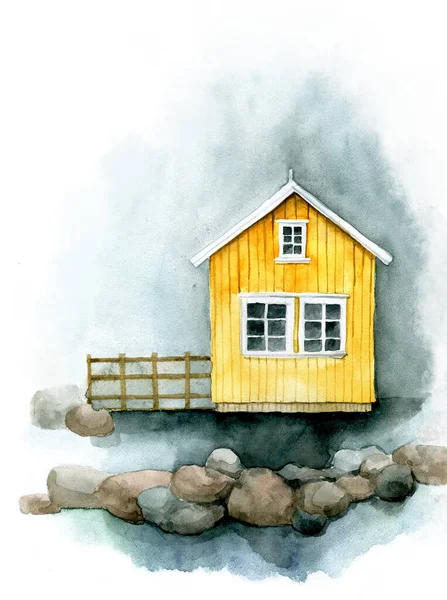 Suluboya Çizim Şirin Evi Olan Skandinav Manzarası Sarı Köy Evi — Stok fotoğraf