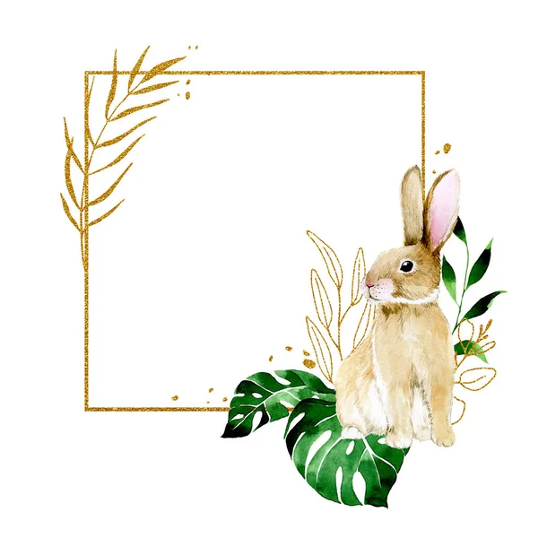 Akvarell Rajz Arany Keret Húsvétkor Arany Négyzet Keret Húsvéti Nyuszi — Stock Fotó