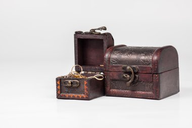 Old wooden chest with gold chain and ring