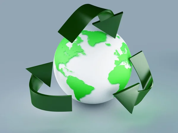 Recycling symbol and green earth — Stock Photo, Image