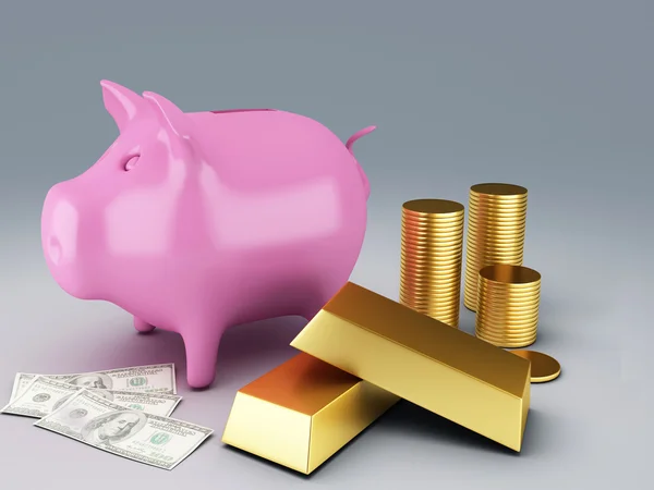Banco porquinho com moedas de ouro — Fotografia de Stock